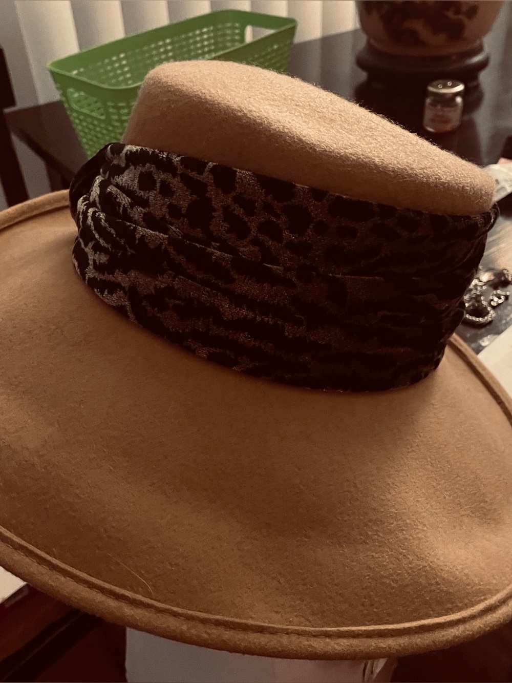 Womens Wide-Brim Felt Hat with Leopard Band - Tan Tuscan Hat - Picture 5 of 8
